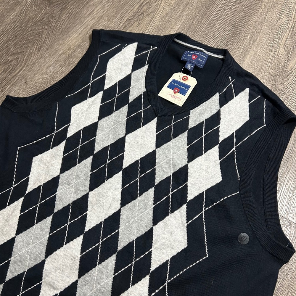 Saddlebred Sweater Vest XLT Black Grey Argyle V-Neck Cotton Big & Tall New